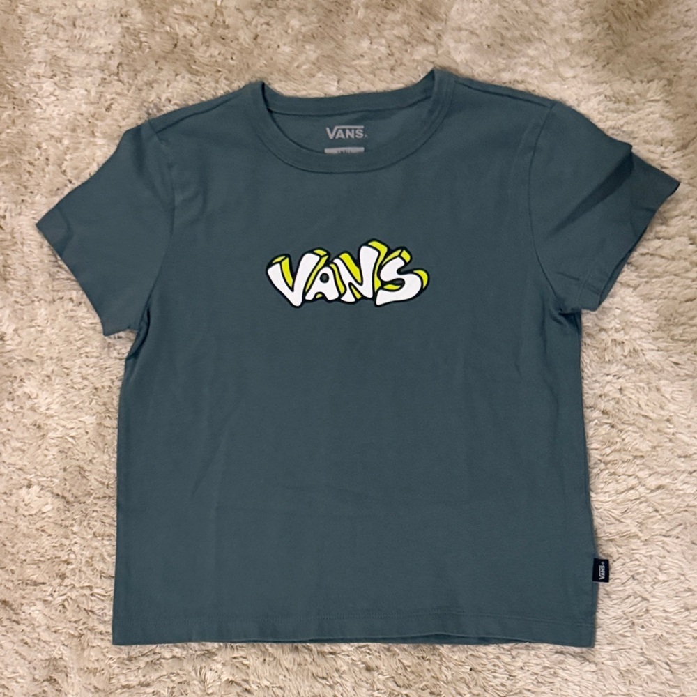 Vans Teal Graphic Crop Tee with White & Yellow Logo